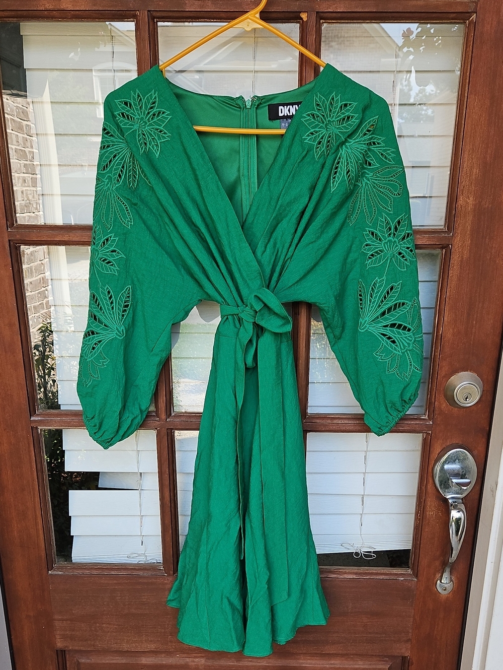 DKNY Green Faux Wrap Dress with Embroidered Sleeves - Women - Picture 3 of 5